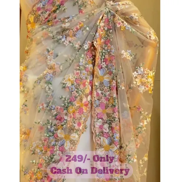 Heavy Embroidered Yellow Net Saree